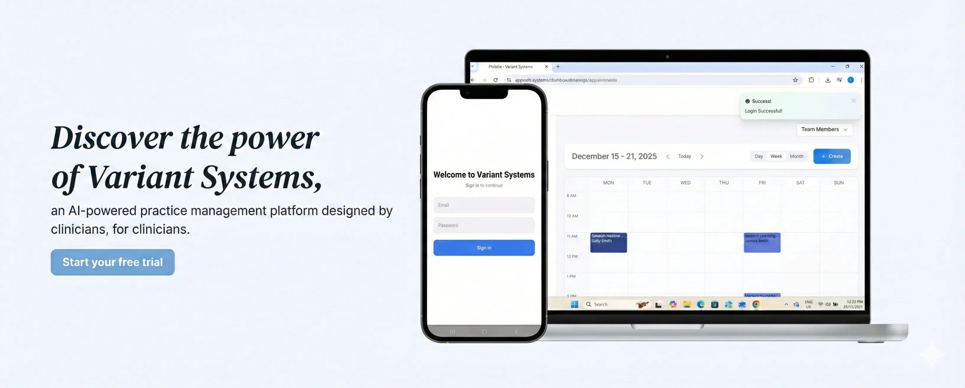 Practice management platform showing mobile app and dashboard calendar