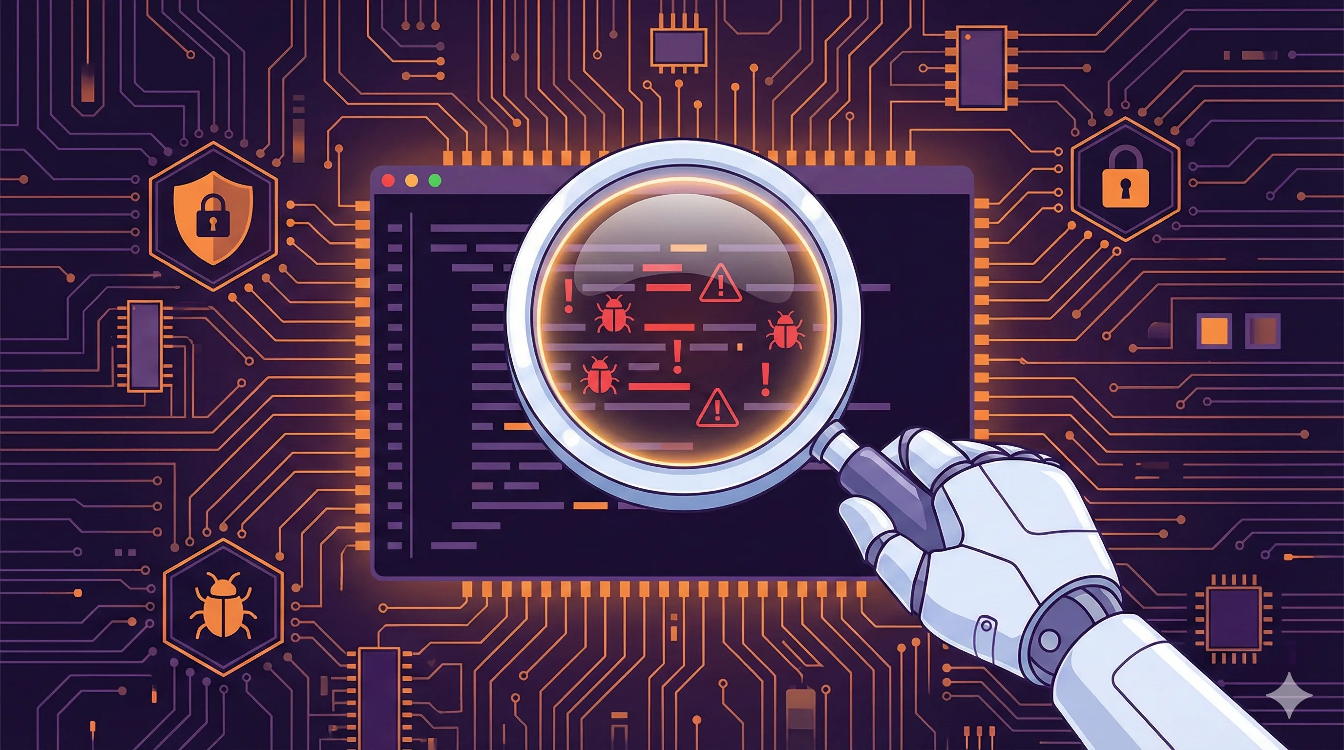 A robotic hand examining code through a magnifying glass, revealing hidden vulnerabilities