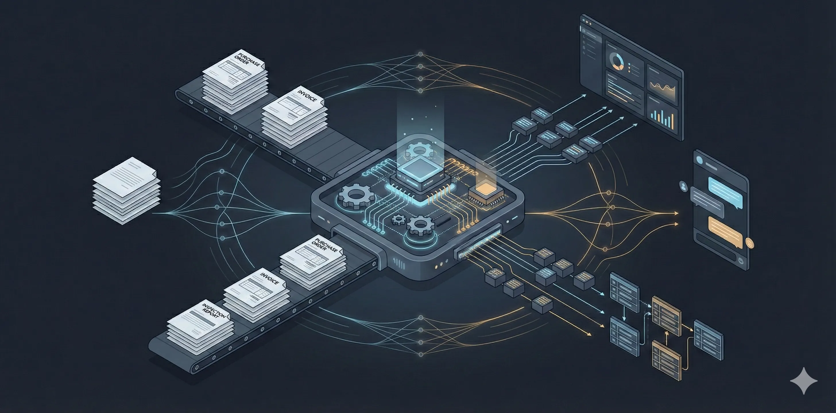 Modern abstract illustration of an AI Document Intelligence Platform featuring glowing digital documents and AI core