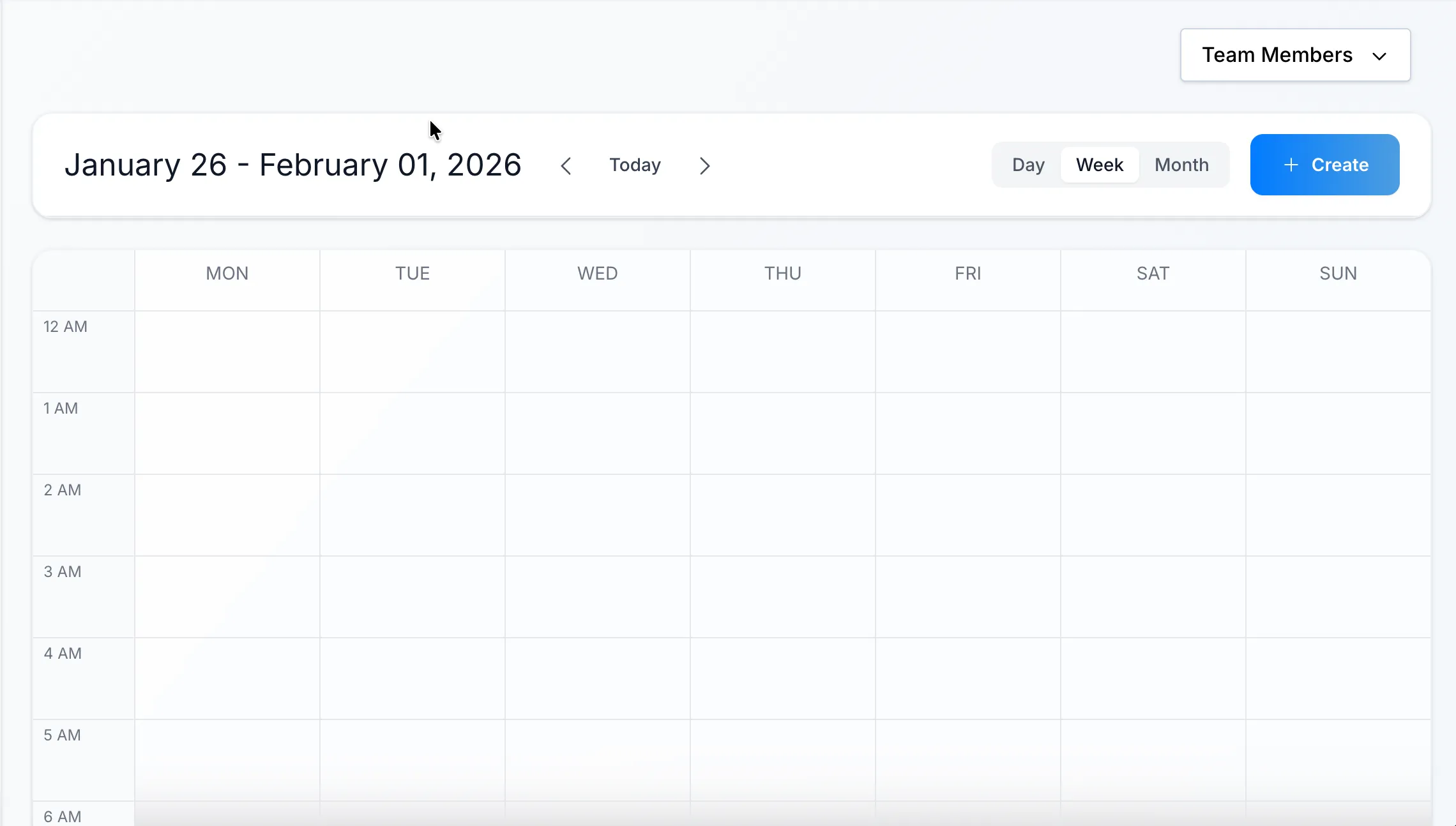LiveView calendar showing week view with day/week/month toggle and team member filtering